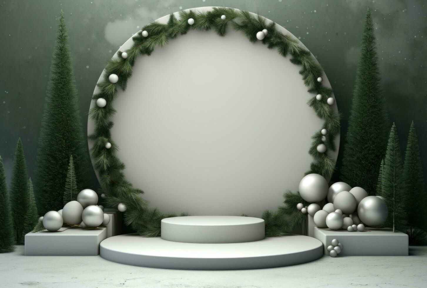 AI generated white podium with Christmas trees and decorations on a green background photo