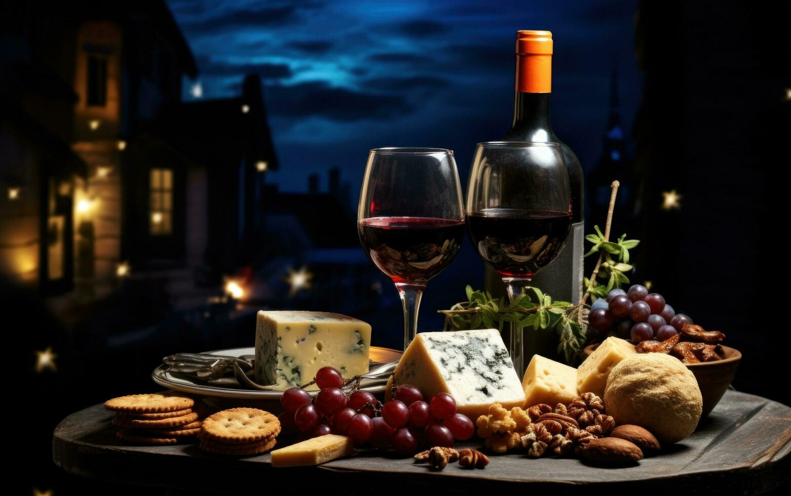 AI generated wine and cheese in a glass on a wooden board behind some lights photo