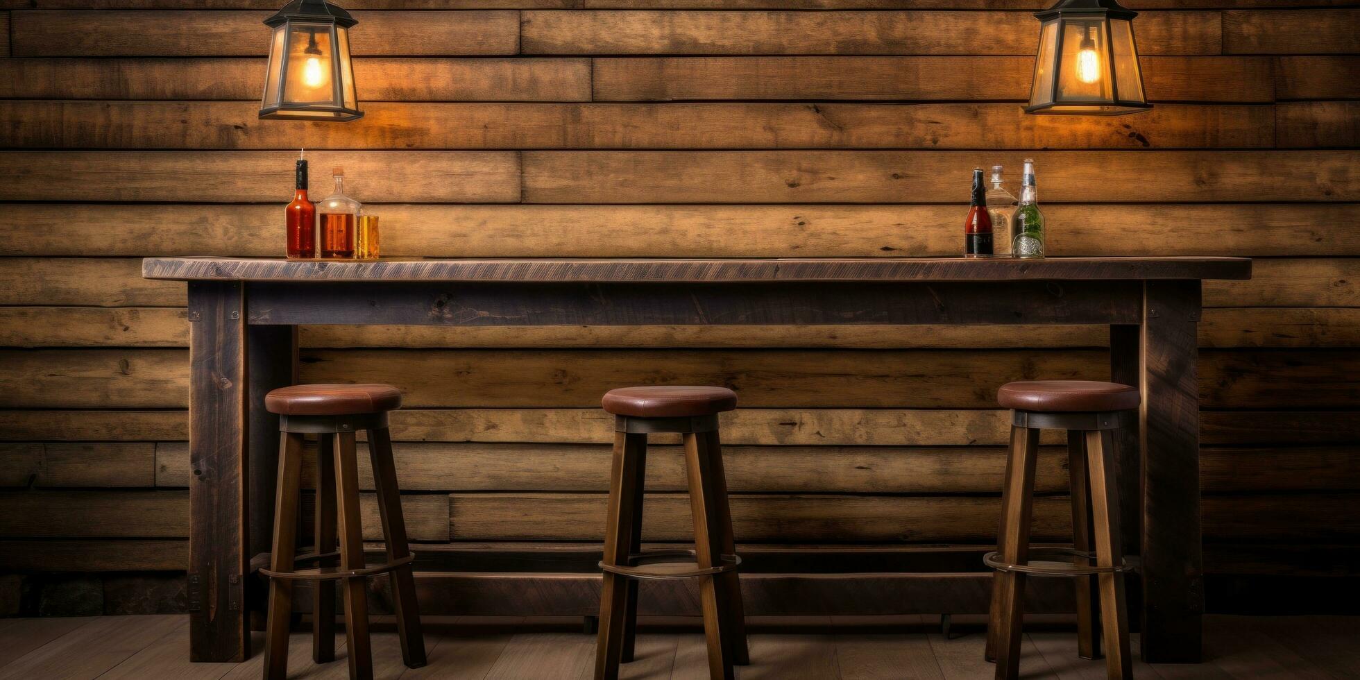 AI generated wooden bar table in the background with stools photo