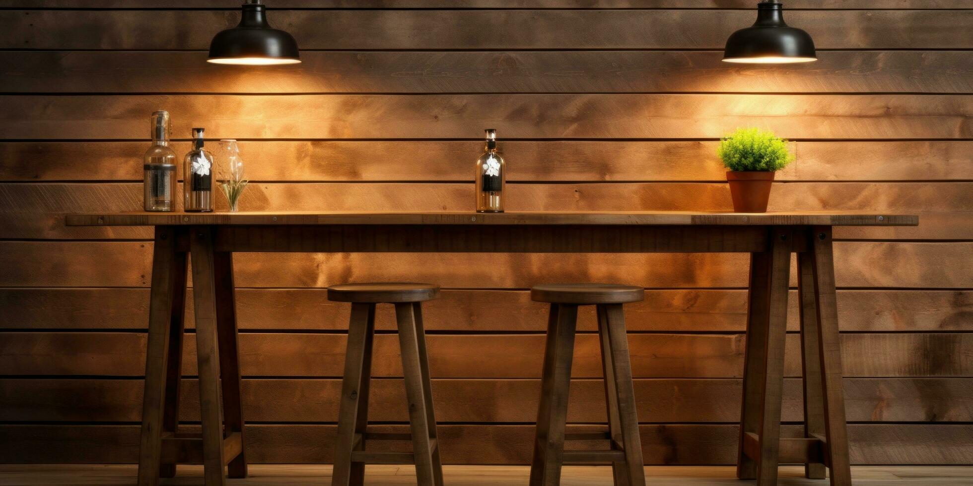 AI generated wooden bar table in the background with stools photo