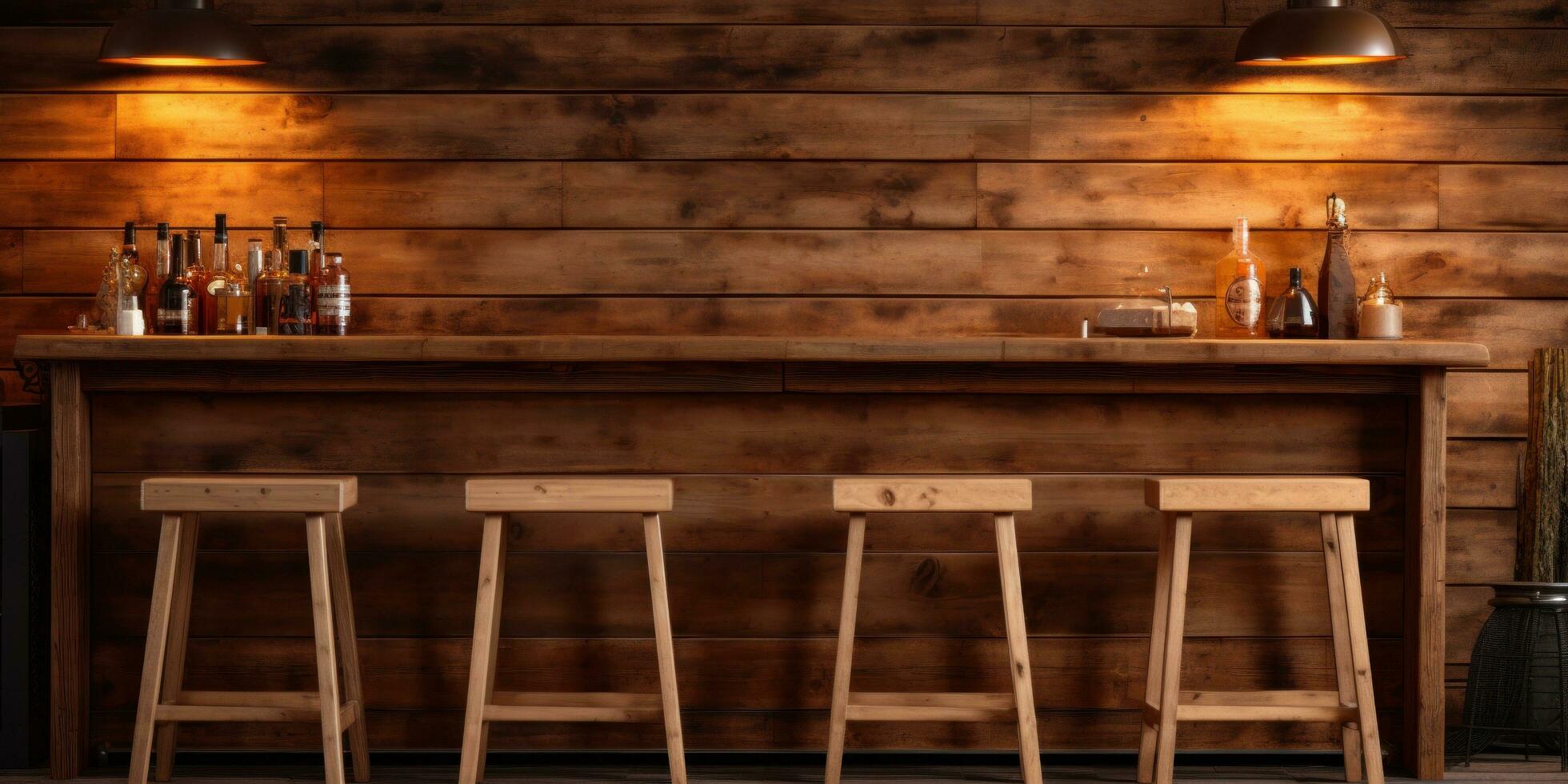 AI generated wooden bar table in the background with stools photo