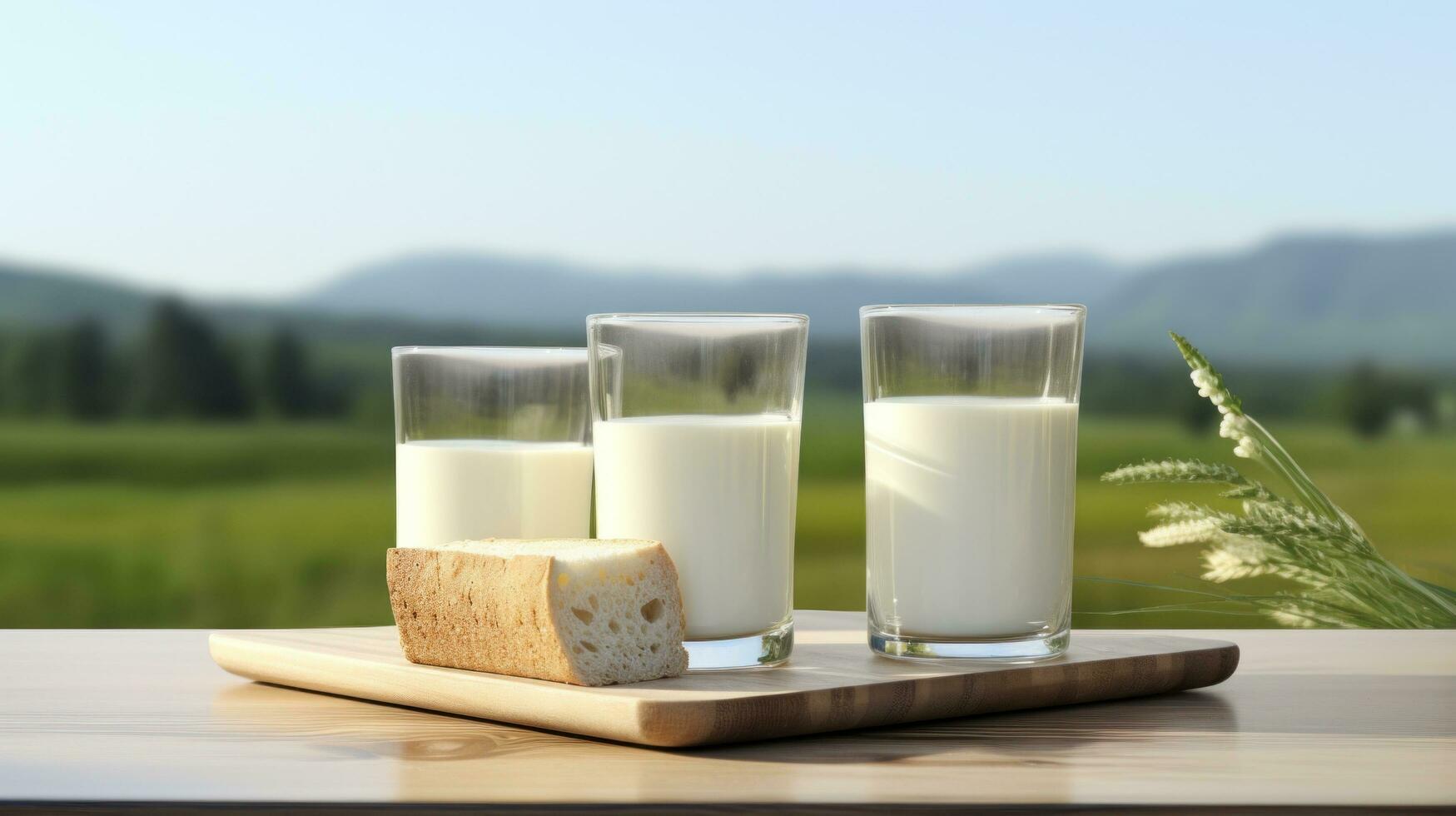 AI generated two glasses of milk and a loaf of bread on a wooden table with grassy surroundings photo