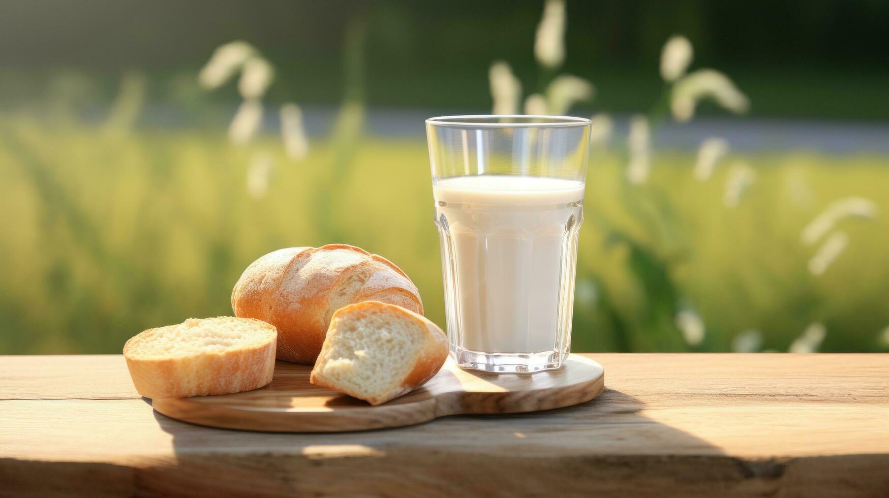 AI generated two glasses of milk and a loaf of bread on a wooden table with grassy surroundings photo