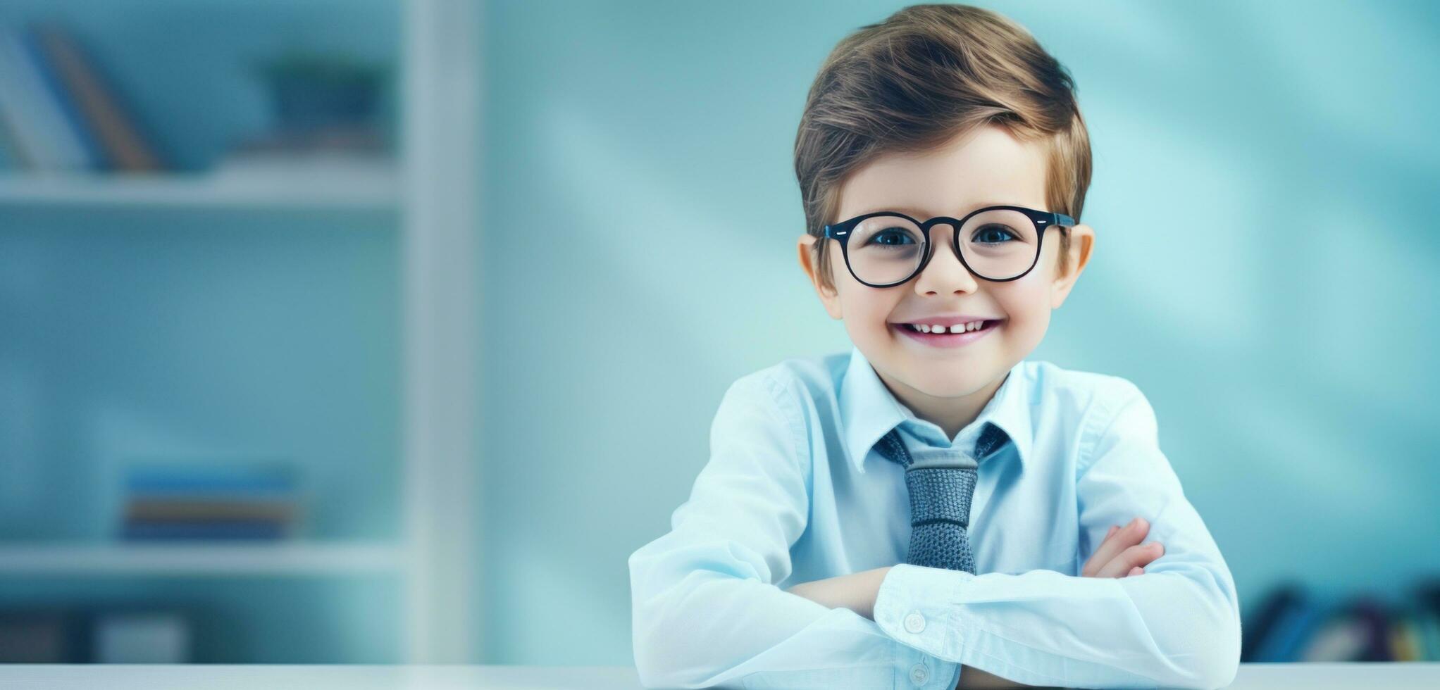 ai generado el impresionante infancia de un pequeño niño en lentes foto