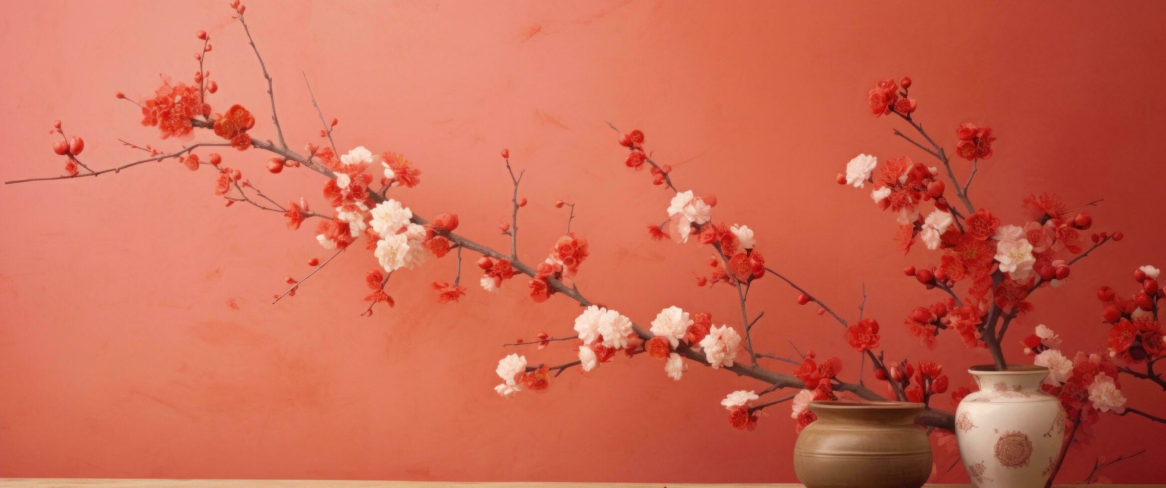 AI generated red wall with kimono cherry blossoms photo