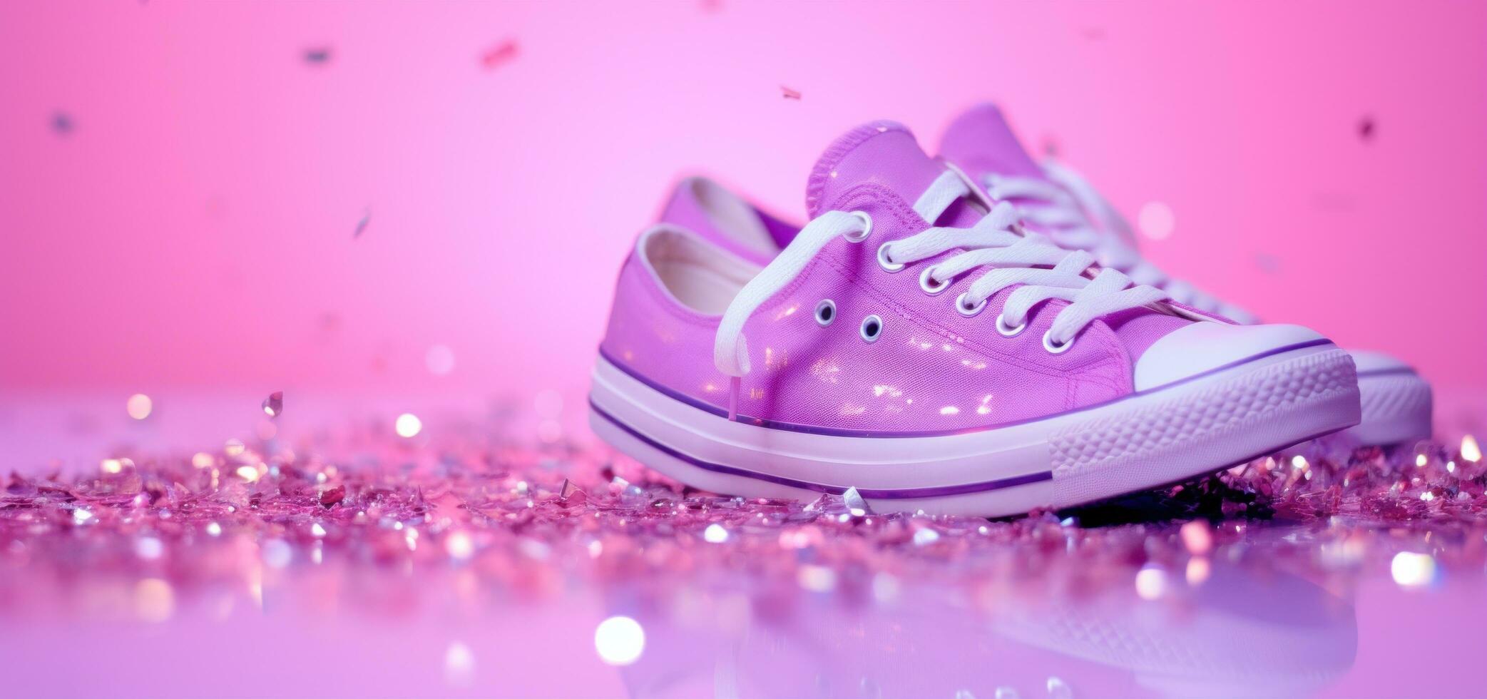 AI generated shoes on a pink background with sparking glitter photo