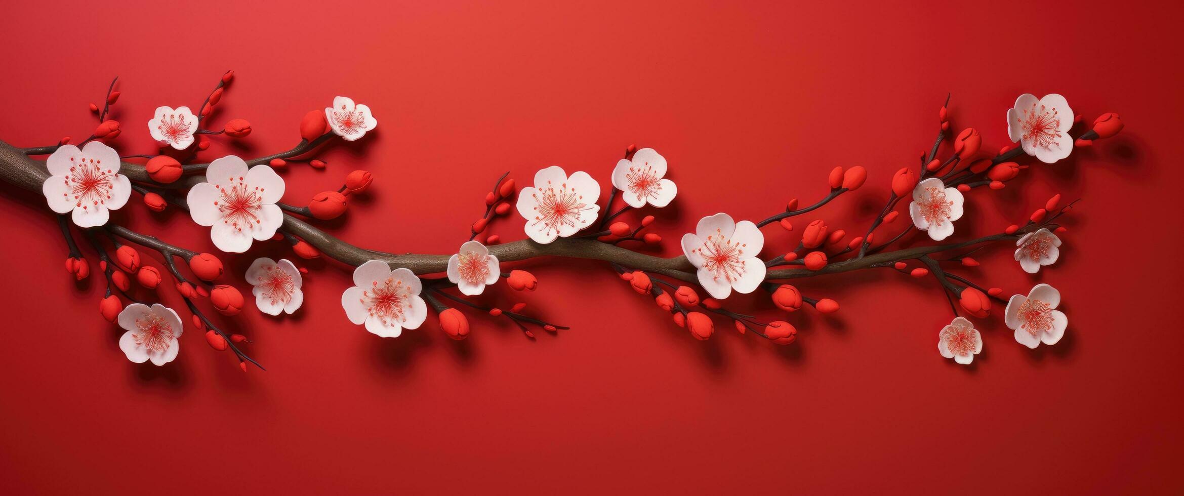 AI generated a branch of cherry blossoms on red background photo