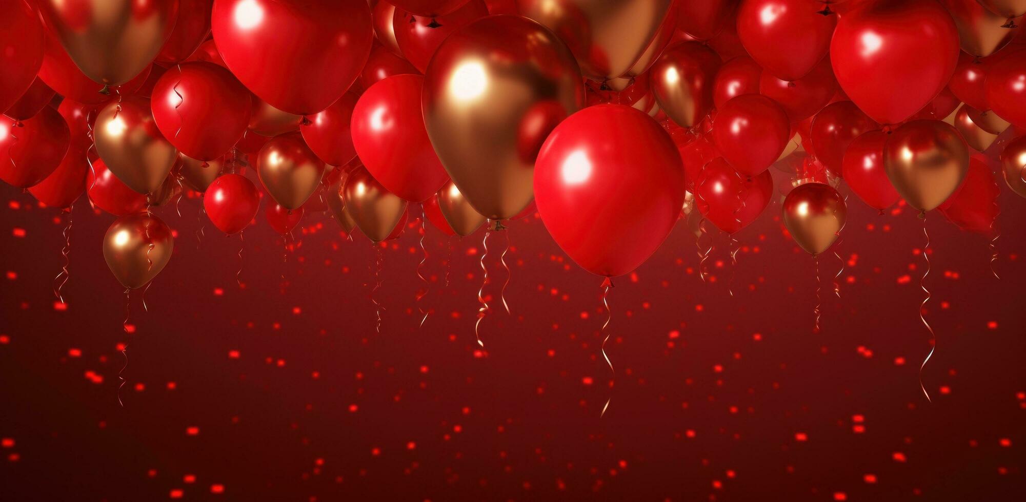 AI generated red glitter balloons floating over a red background photo