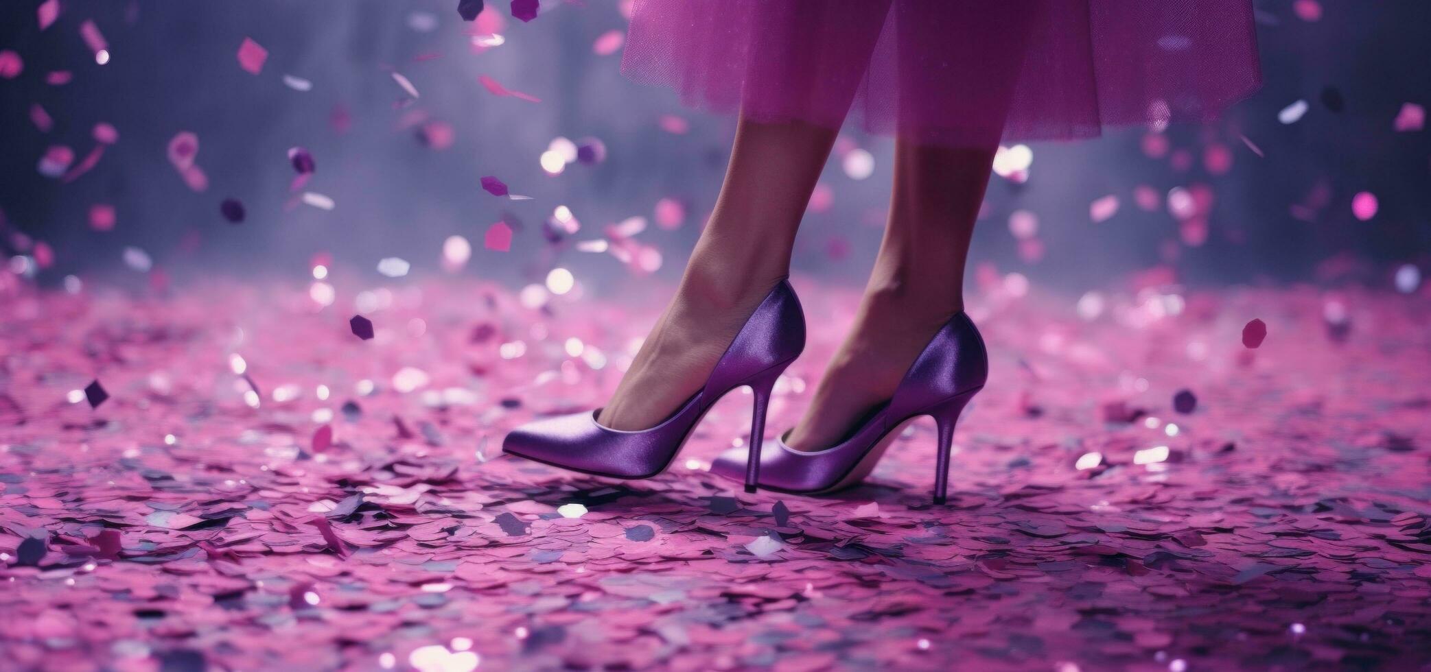 AI generated purple glitter heels on top of colored confetti, photo