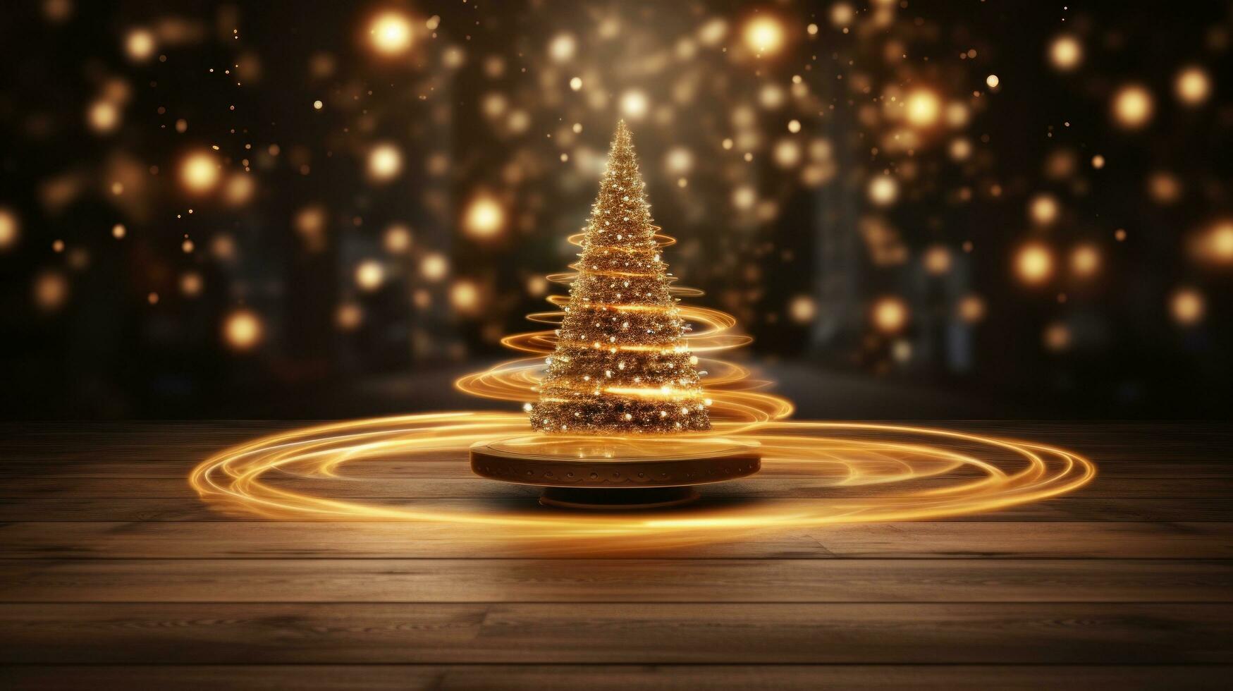 AI generated open space wooden table with christmas tree on background photo