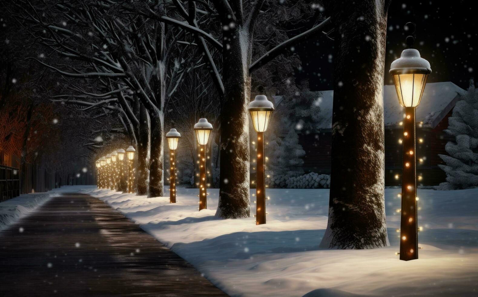 AI generated nighttime street lighting is an example of christmas lights in the winter photo