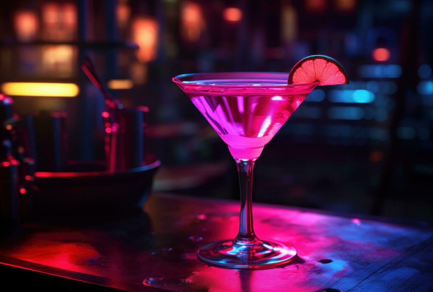 AI generated neon lighting cocktail in a night club photo