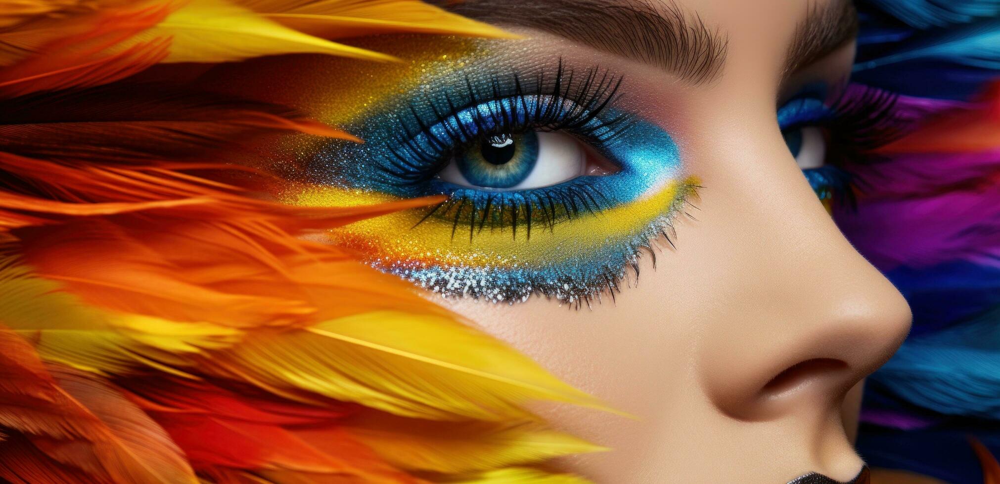 AI generated rainbow feathers the brightest makeup on the runway photo