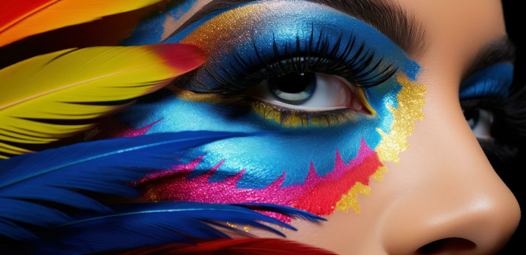 AI generated rainbow feathers the brightest makeup on the runway photo