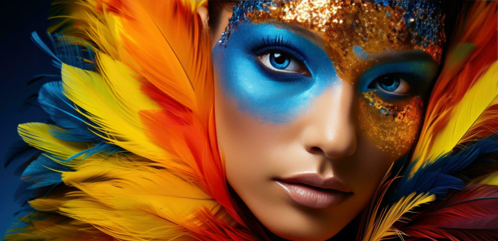 AI generated rainbow feathers the brightest makeup on the runway photo