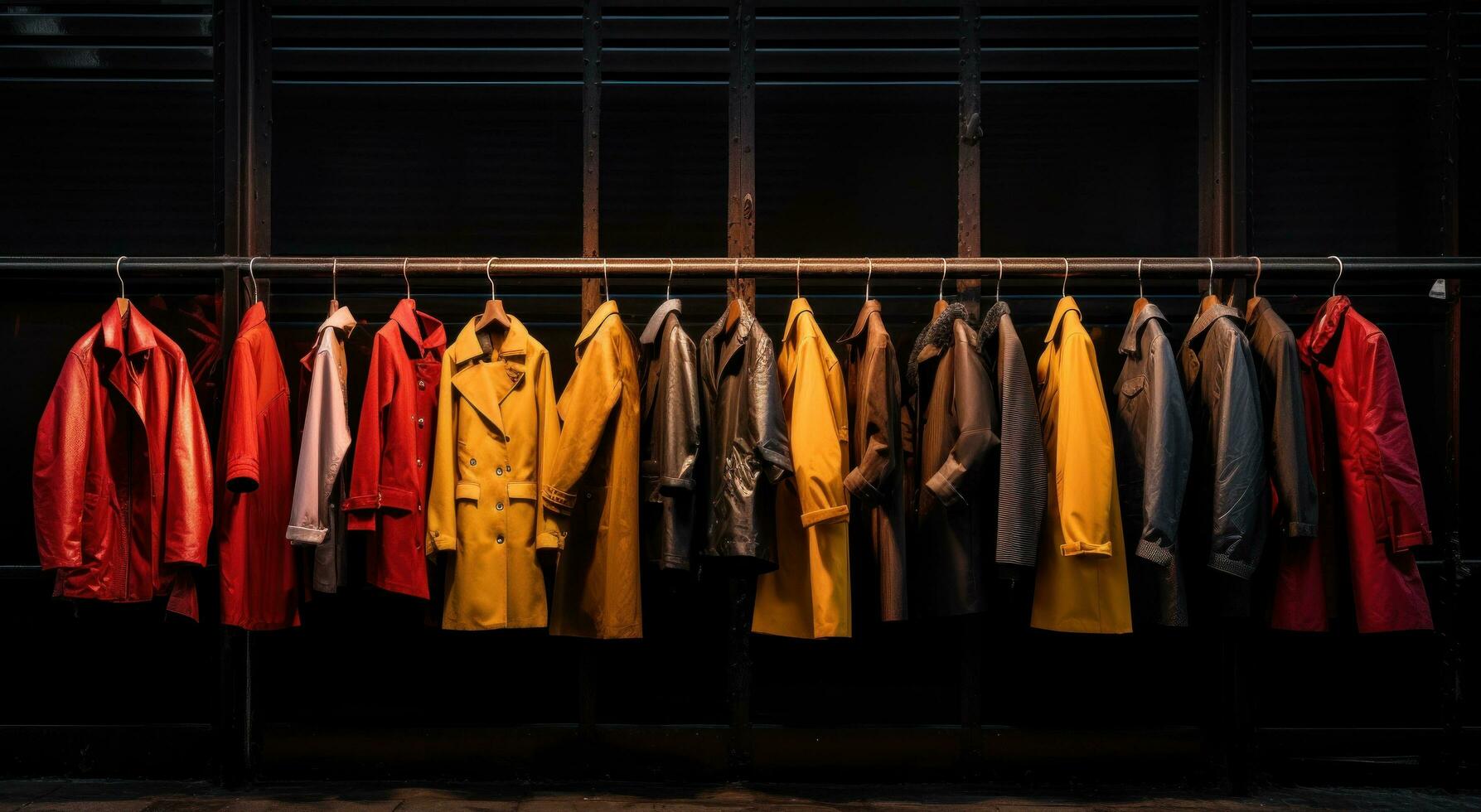 AI generated large selection of coats are hung on a rail outside photo