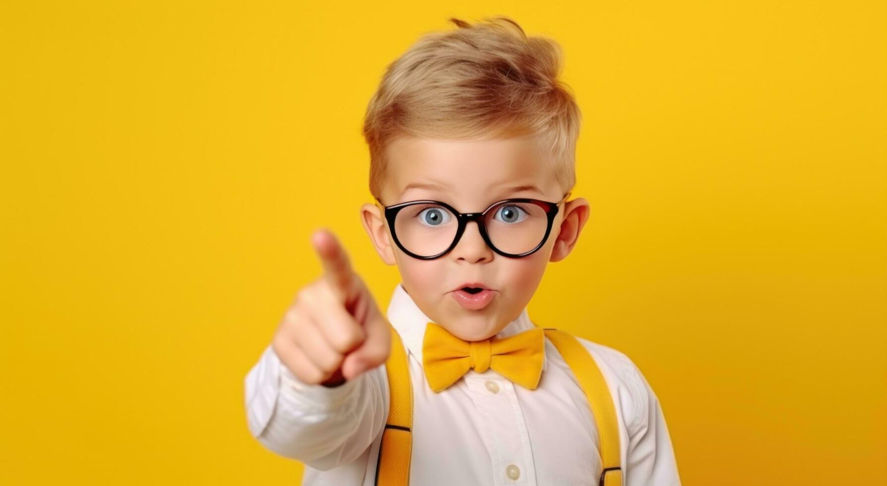 AI generated little boy wearing glasses points on a yellow background photo