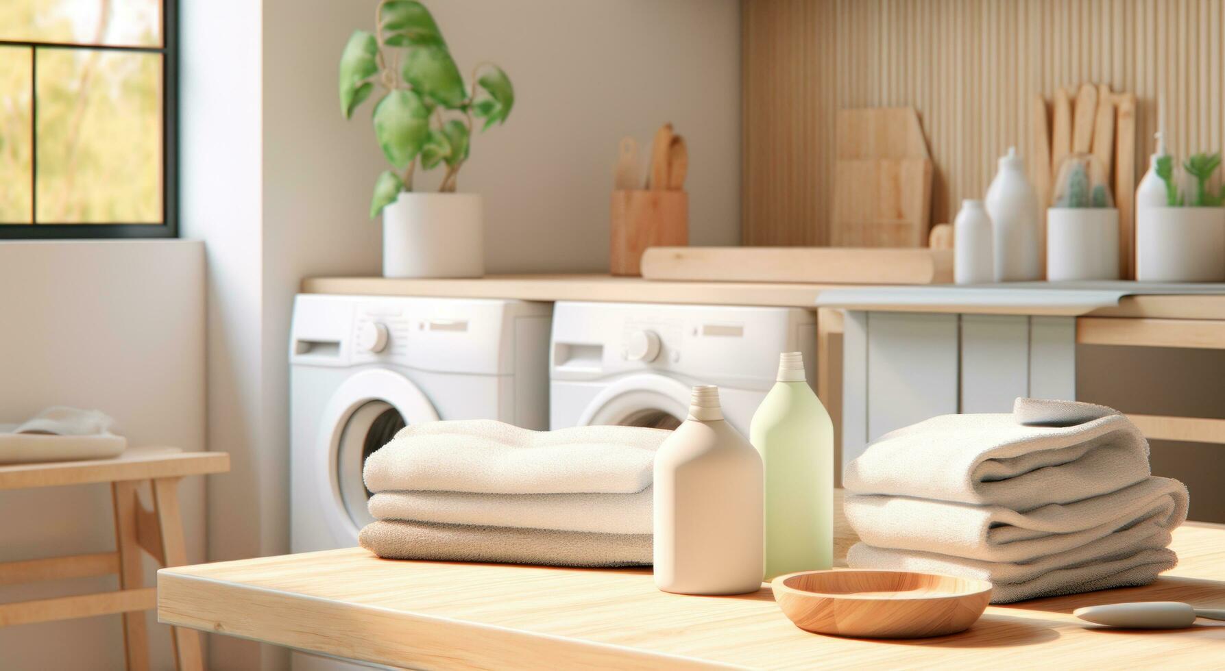 AI generated laundry stacks and towels on top of wooden kitchen counter with washing machine photo