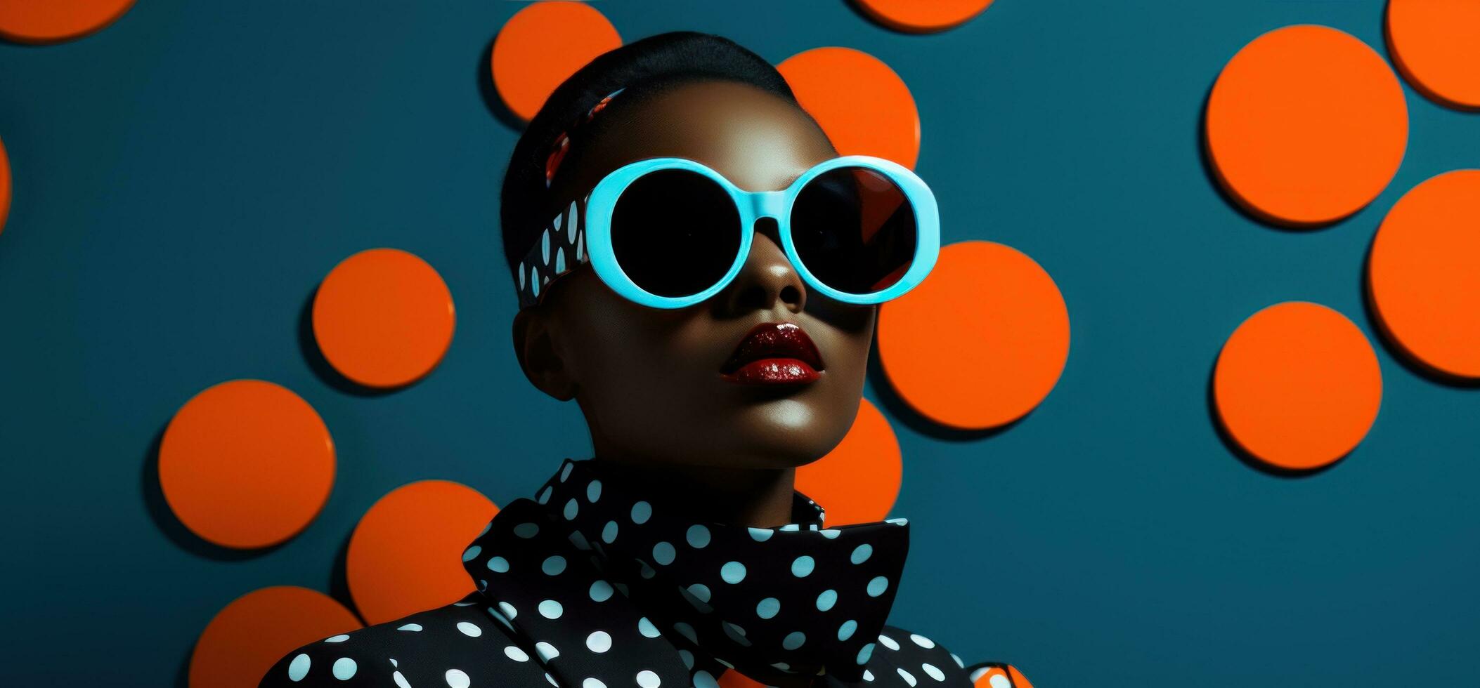 AI generated model with sunglasses and dots on a blue background, photo