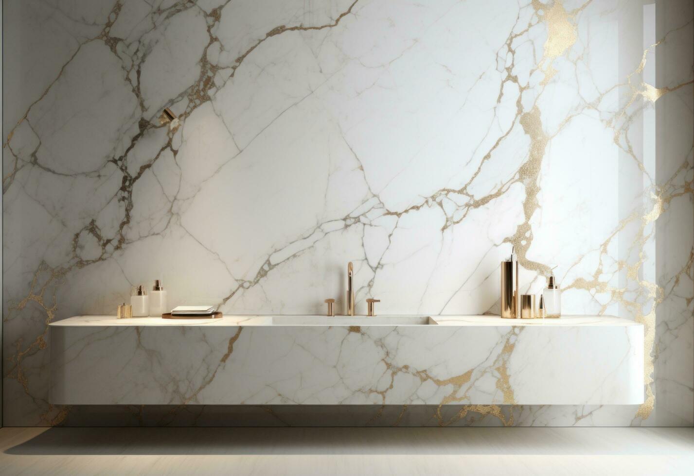 AI generated gold and white marble wall with fine cracks photo