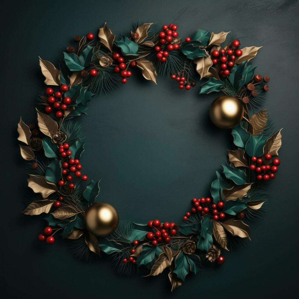 AI generated festive christmas wreath christmas gold background photo