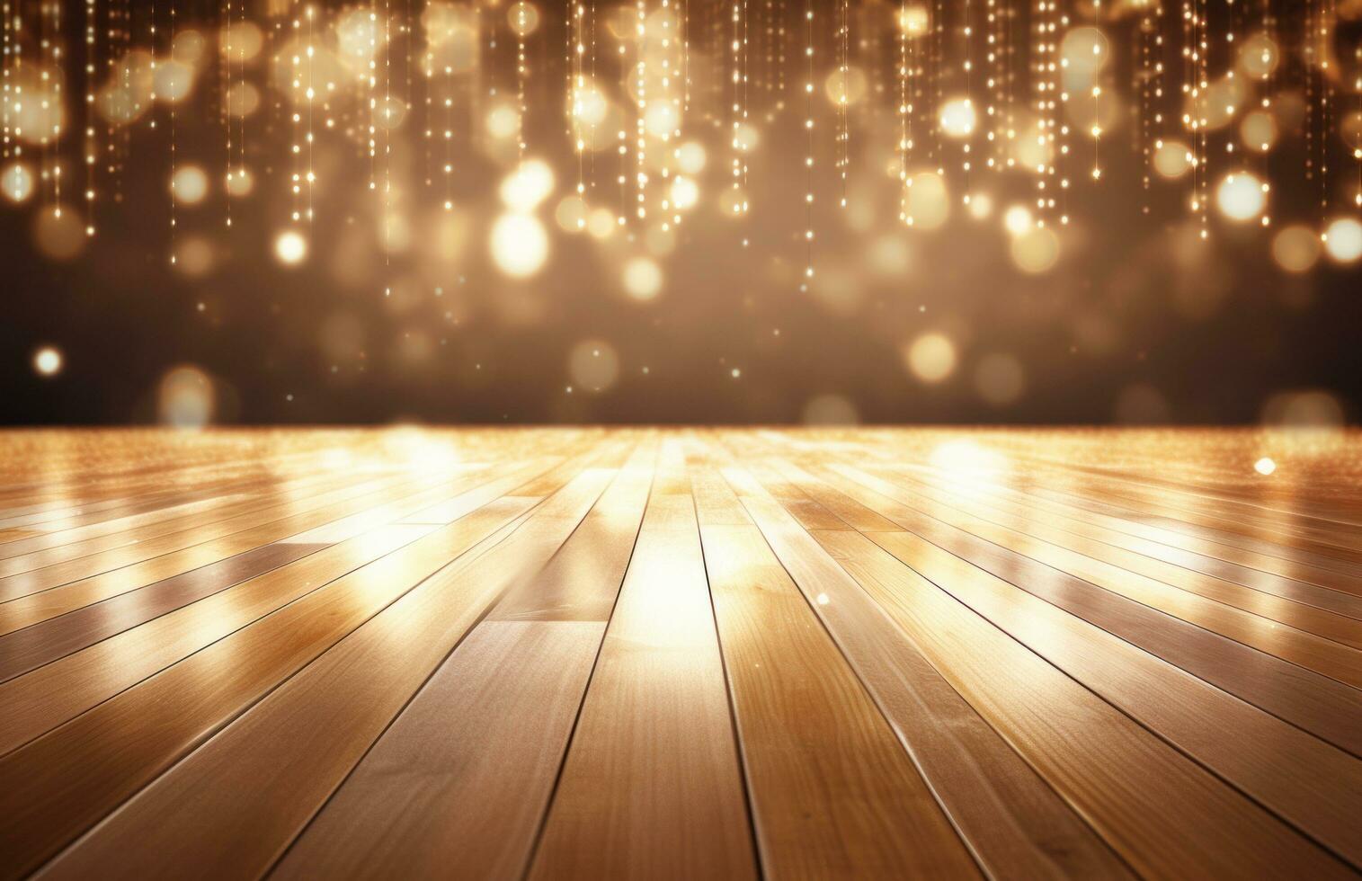 AI generated golden background with white lights and wooden floor photo