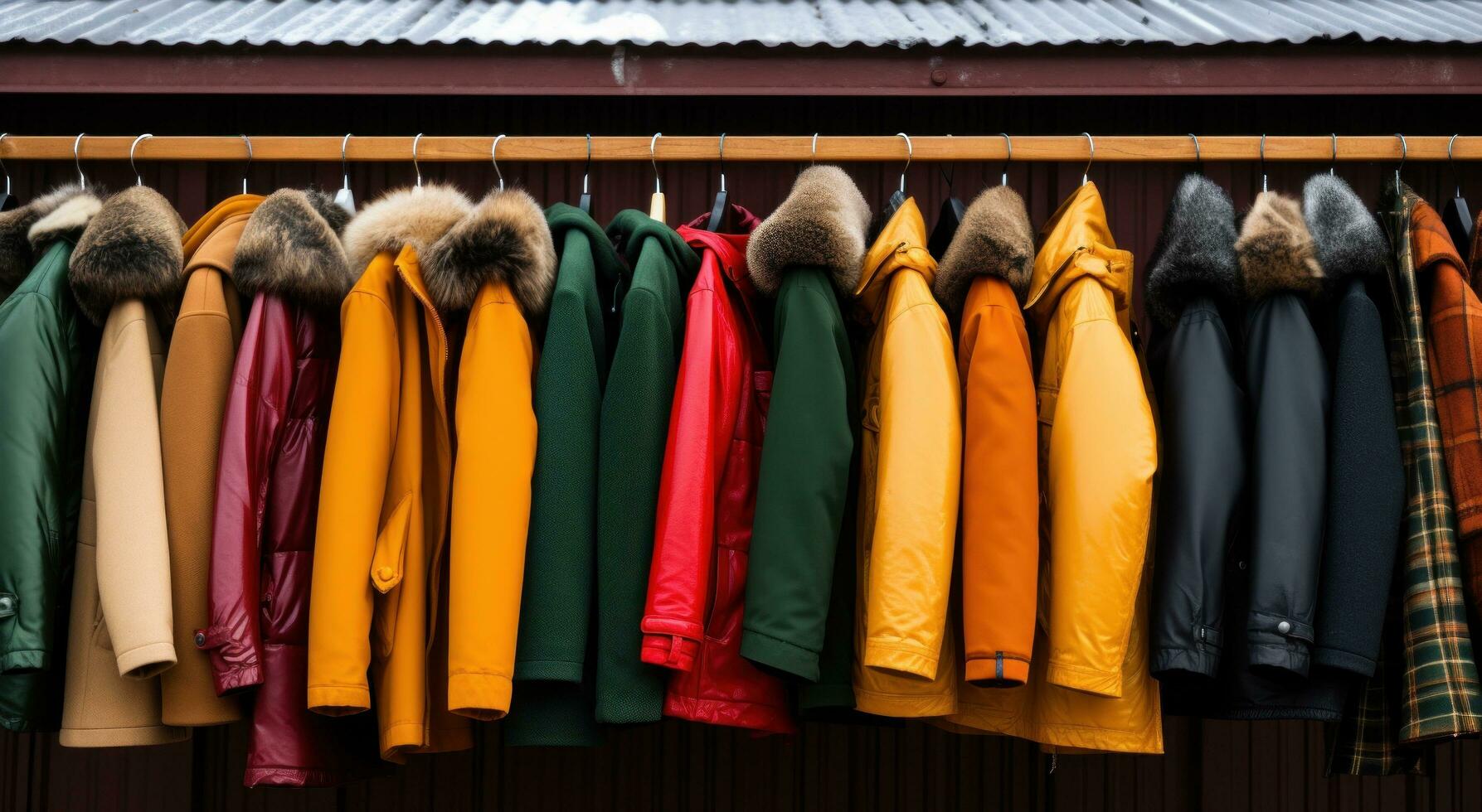 AI generated coats are lined up on a rack outside, photo