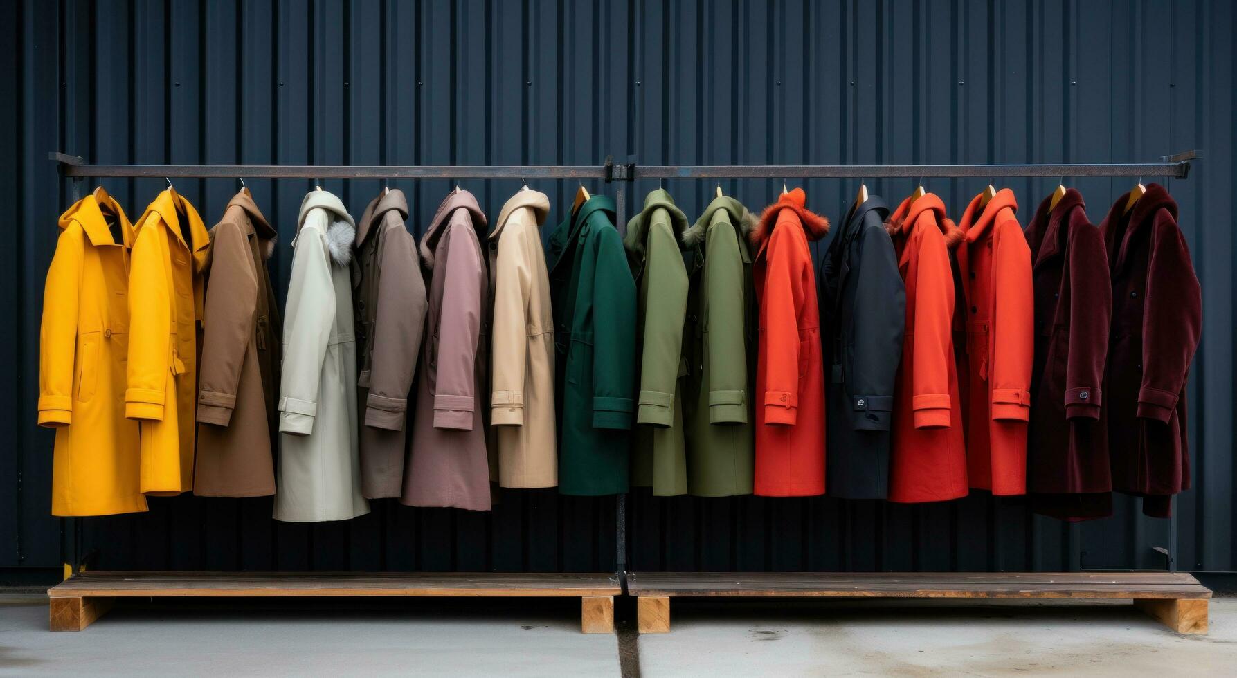 AI generated coats are lined up on a rack outside, photo