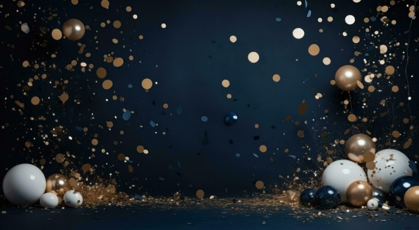 AI generated blue confetti and metallic balloons on a blue and dark background photo