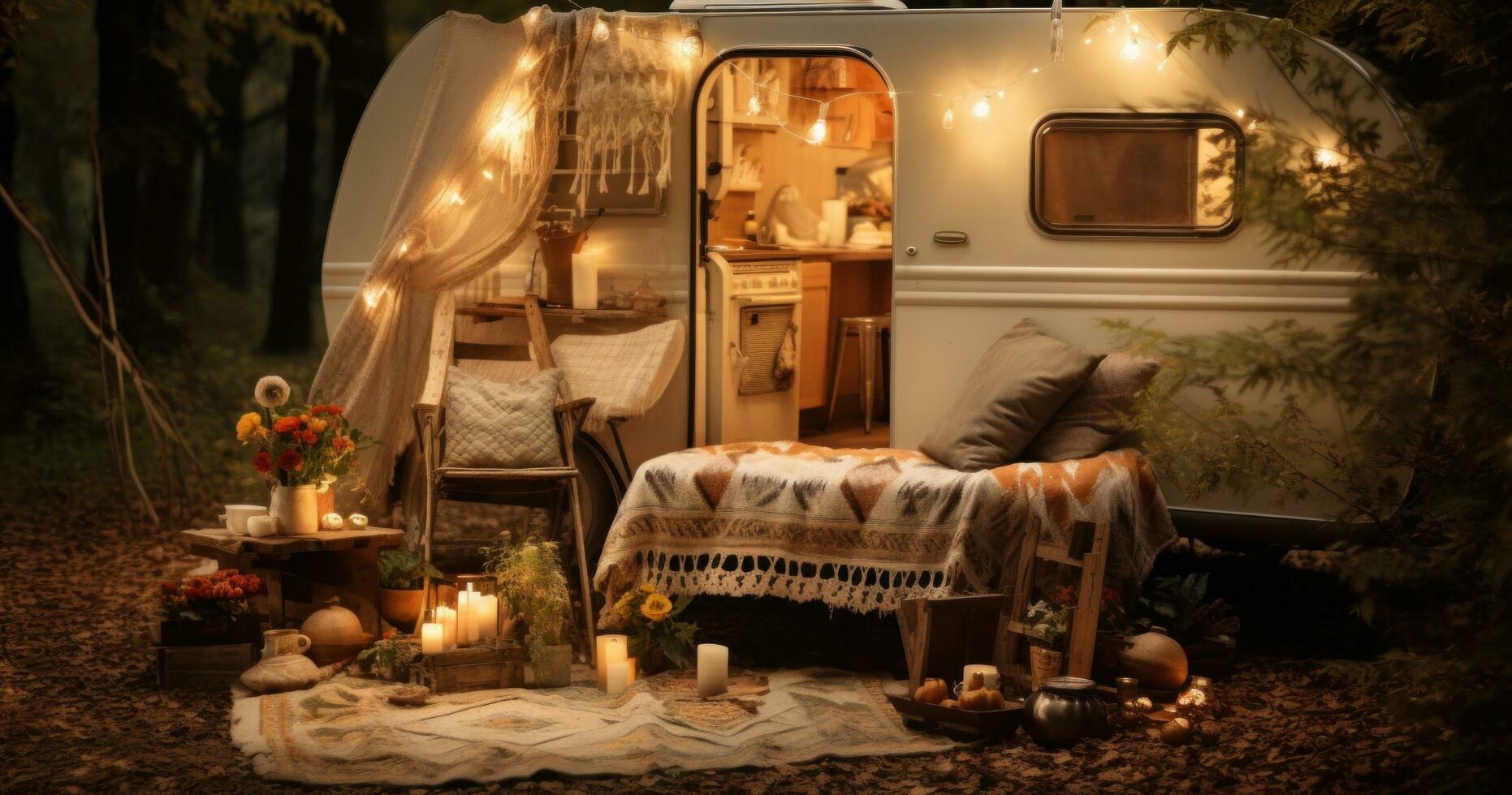 AI generated camper decor ideas for your backyard, rustic camping in the forest photo