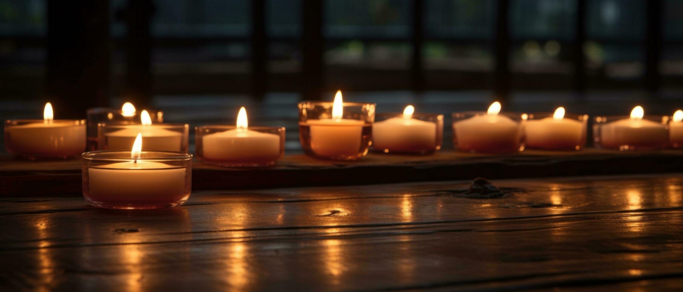 ai generado alumbrado por velas velas en de madera mesa, foto