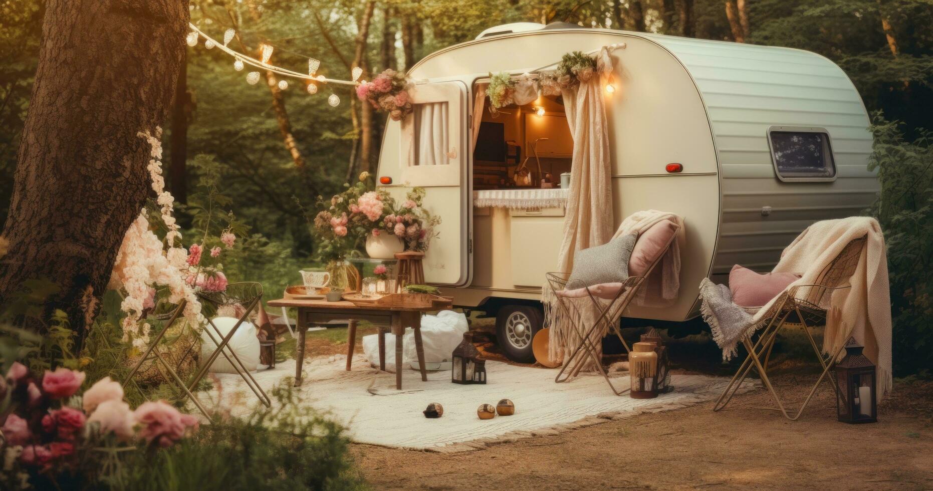 AI generated camper decor ideas for your backyard, rustic camping in the forest photo