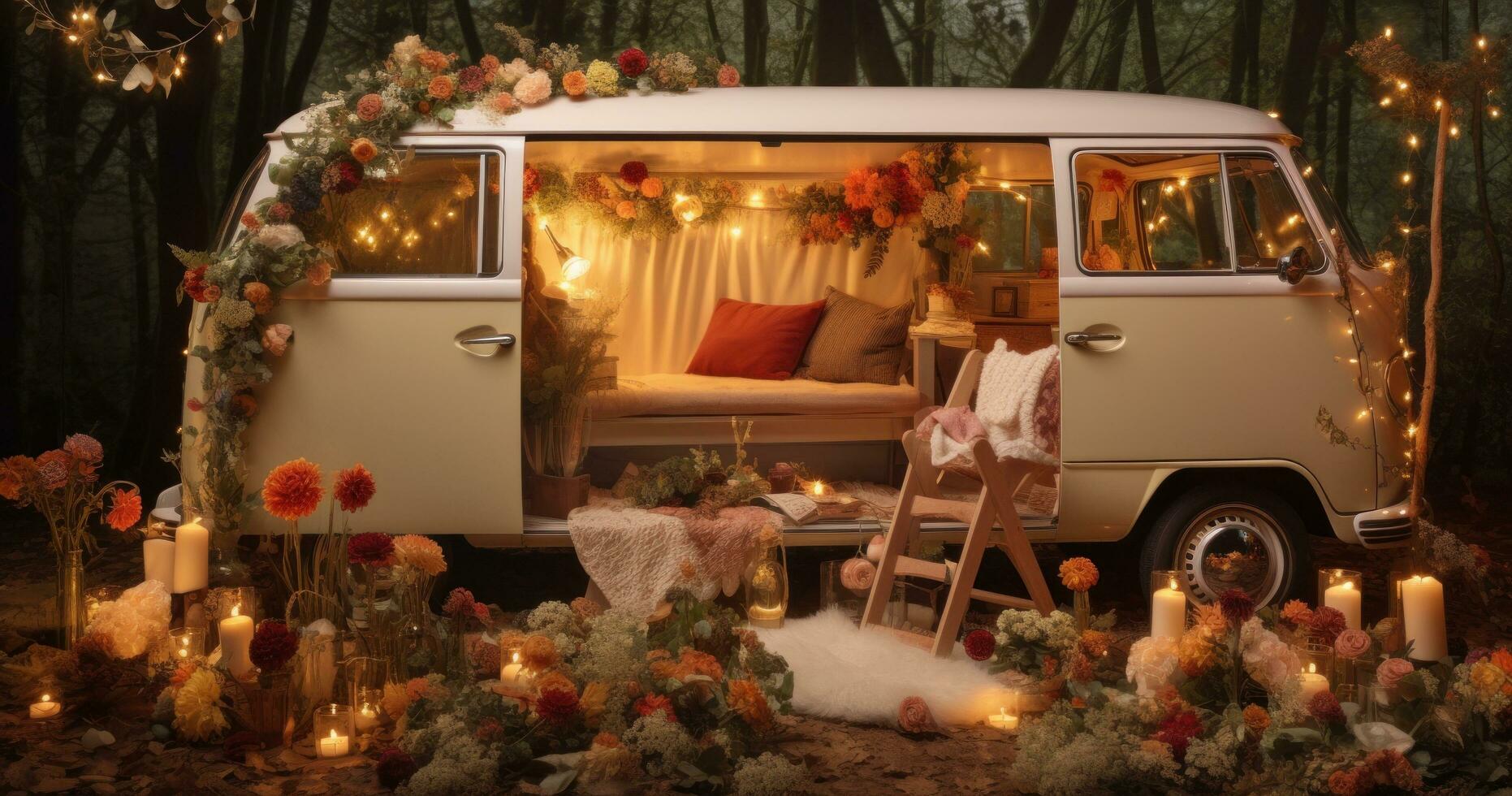 AI generated camper decor ideas for your backyard, rustic camping in the forest photo
