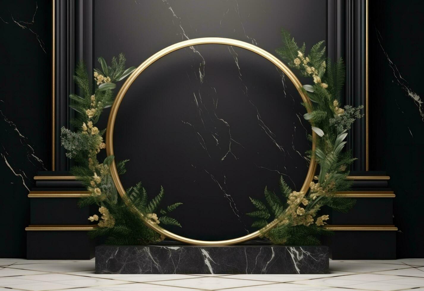 AI generated black marble golden circular frame with plants photo