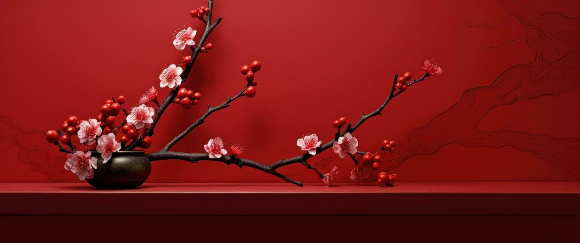 AI generated blooming plum blossoms on the red wall photo