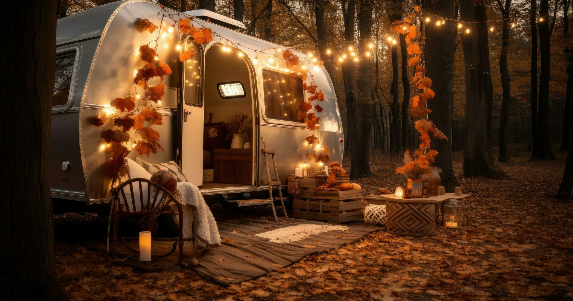 AI generated an old class camper set up in the woods along with table and a lot of accessories photo