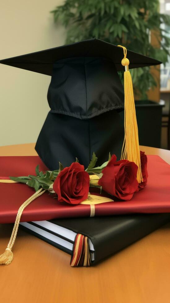 AI generated a diploma and graduation cap, representing the hard work and dedication put into earning photo