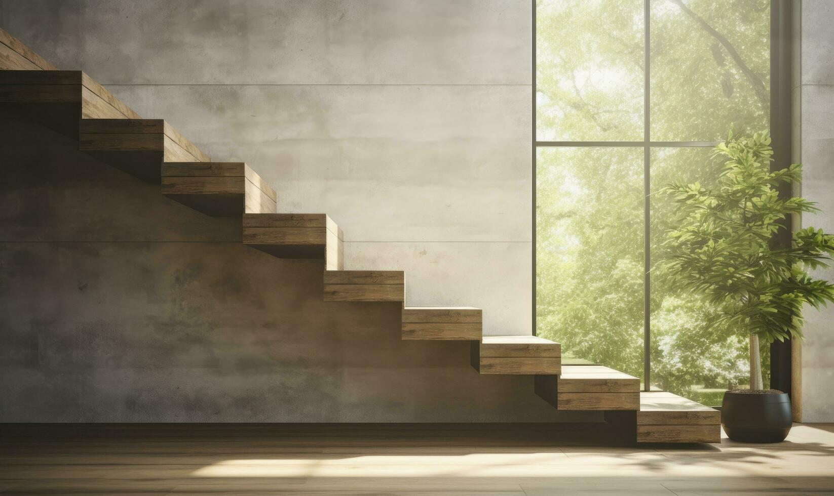 AI generated stairs with natural light coming through windows photo