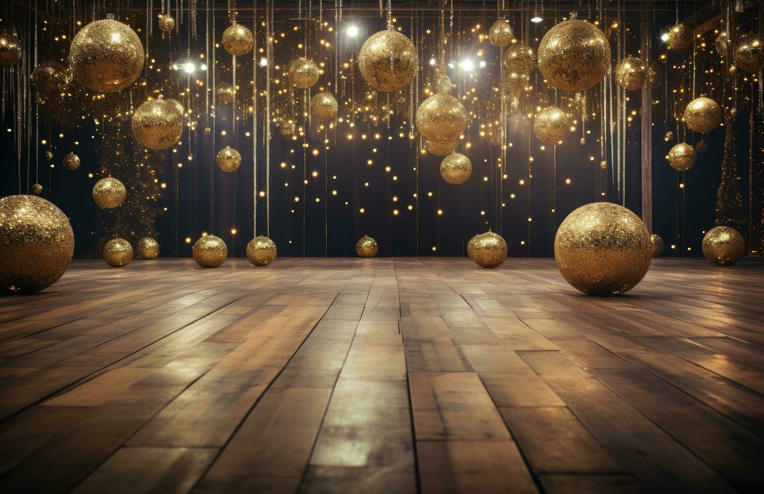 AI generated an empty dance floor with sparkling gold balls photo