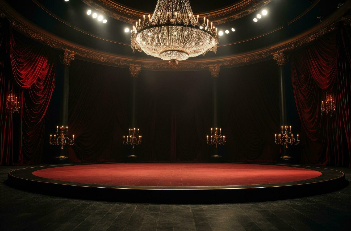 AI generated an empty red stage with chandelier, photo