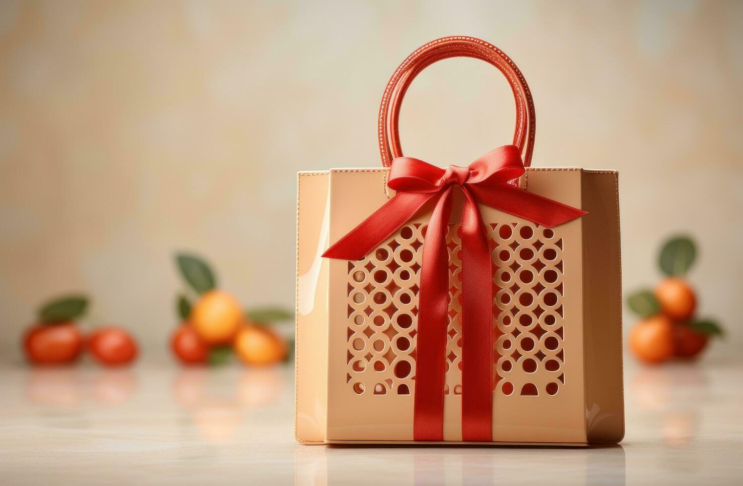 AI generated a basket of gifts and red bag with pomegranate photo