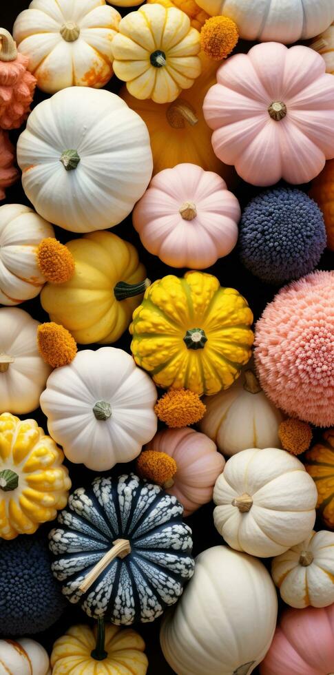 AI generated a group of colored pumpkins are sitting near each other photo