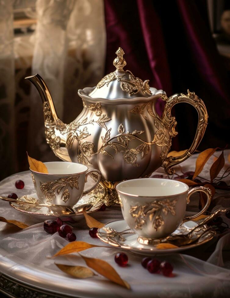 AI generated gold tea set includes silver cups and glassware photo