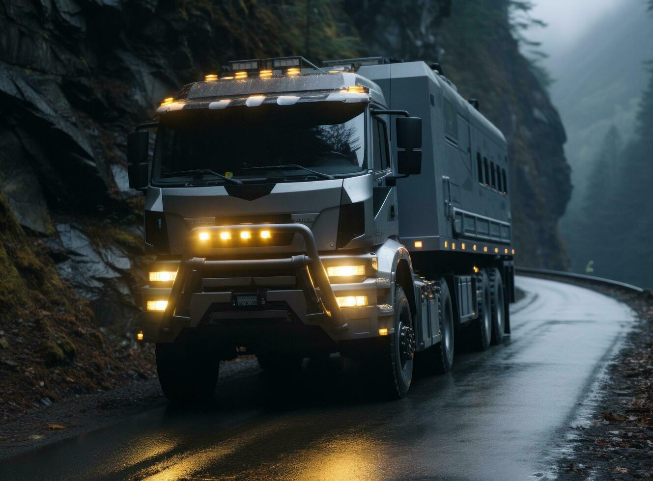 AI generated a white truck is driving down a narrow mountain road photo