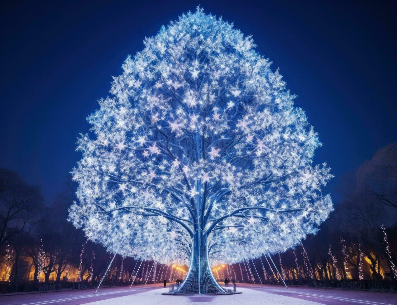 ai generado un árbol decorado con luces con azul cielo y estrellado luces foto