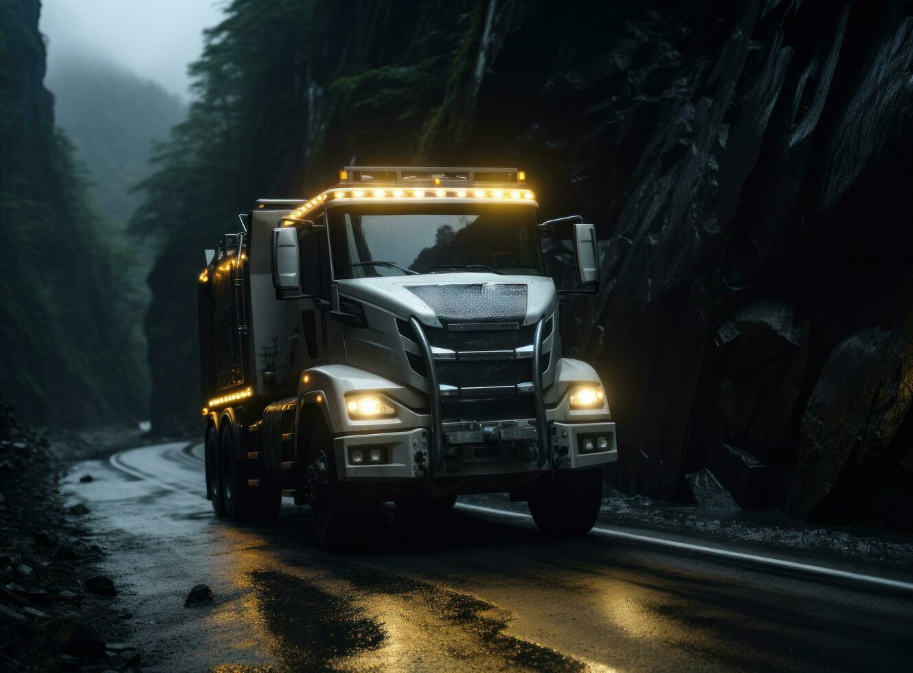 AI generated a white truck is driving down a narrow mountain road photo