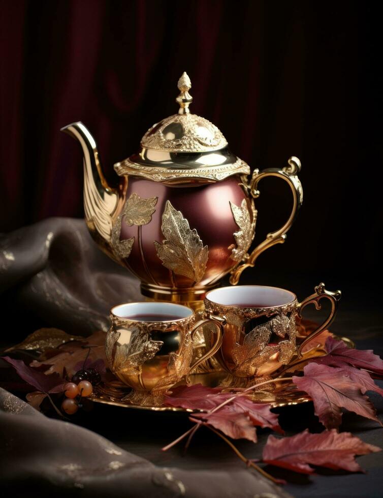 AI generated gold tea set includes silver cups and glassware photo