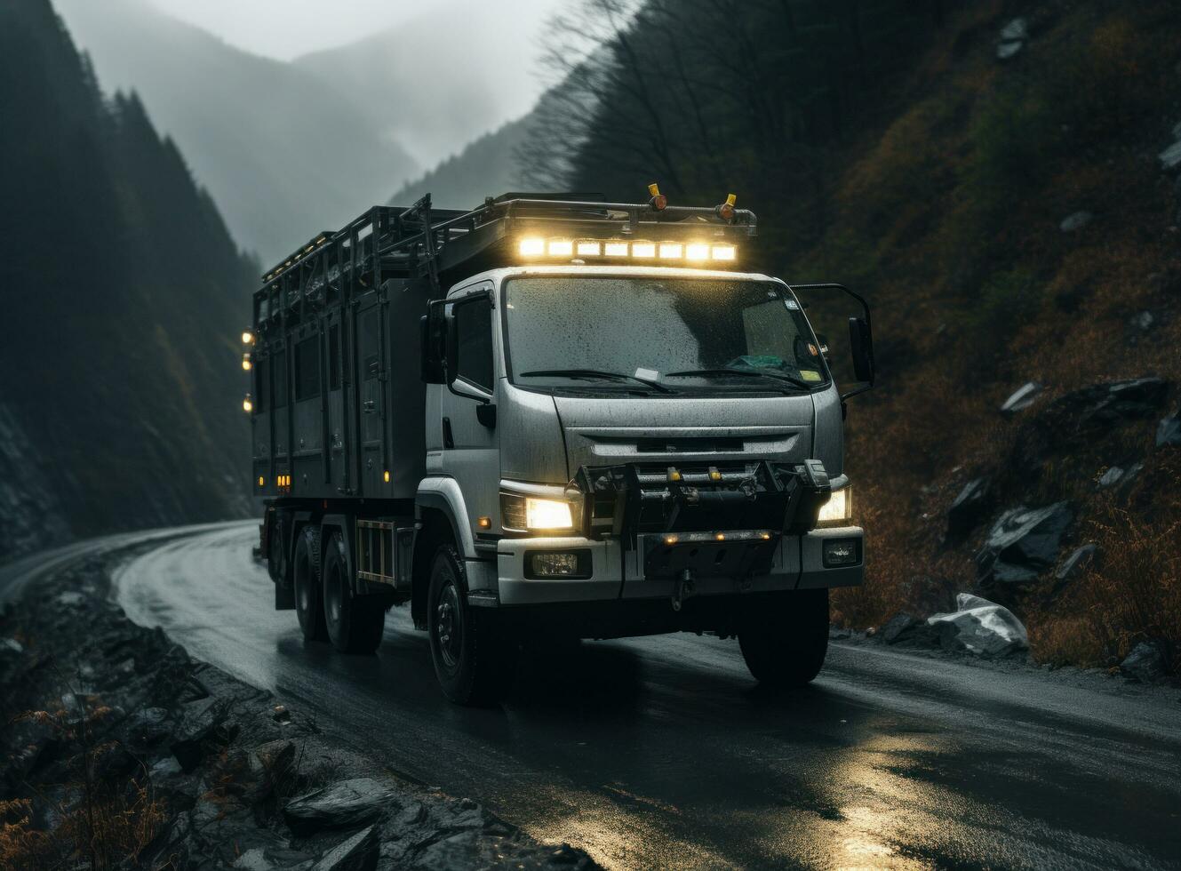 AI generated a white truck is driving down a narrow mountain road photo