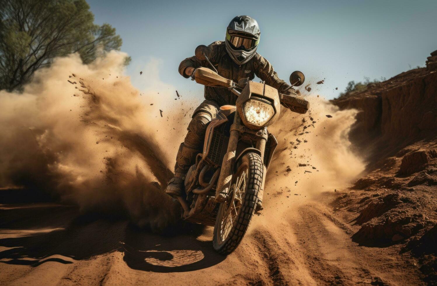 ai generado un negro hombre montando un motocicleta abajo un suciedad la carretera foto