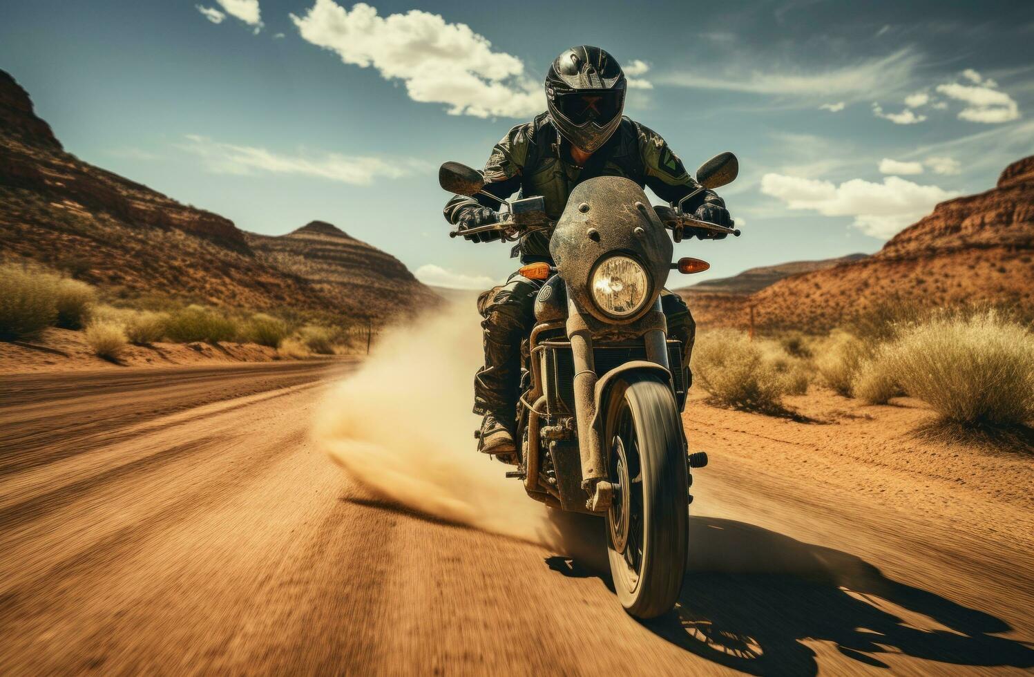 ai generado un negro hombre montando un motocicleta abajo un suciedad la carretera foto